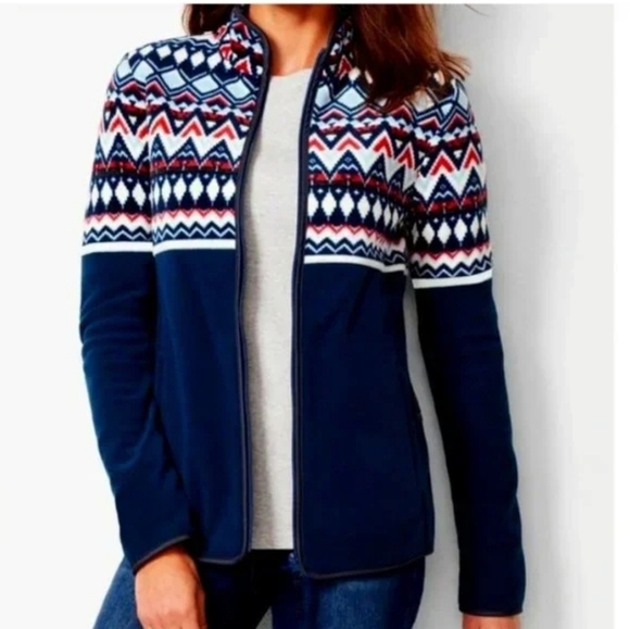 Talbots navy red zip up Fair Isle fleece jackets sz small petite new - Picture 1 of 8
